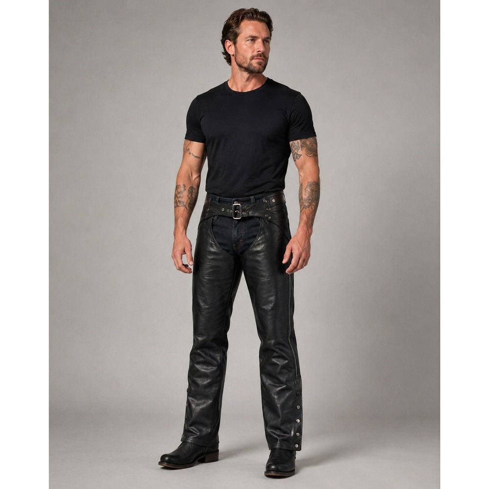 Hot Leathers Genuine Leather Motorcycle Chaps Mens Medium‎ Black Biker Moto